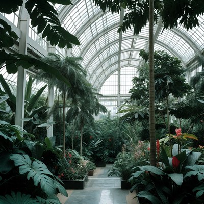 Greenhouse with tropical plants and trees