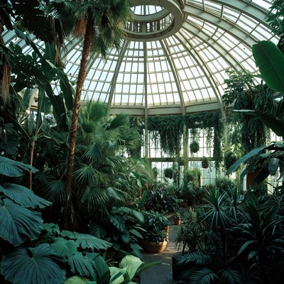 Greenhouse with plants and glass roof