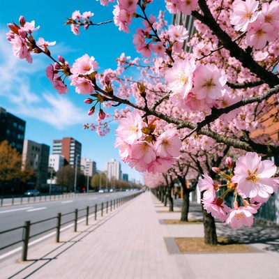Cherry blossoms along the street in spring