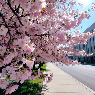 Cherry blossoms bloom along the street