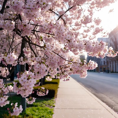 Cherry blossoms bloom along city street