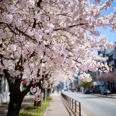 Cherry blossoms line the street