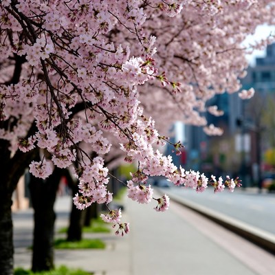 Cherry blossoms brighten the street
