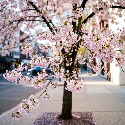 Cherry blossoms bloom on city street