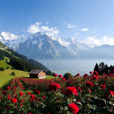 Mountains and roses in switzerland
