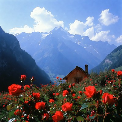 Mountains and flowers in valley