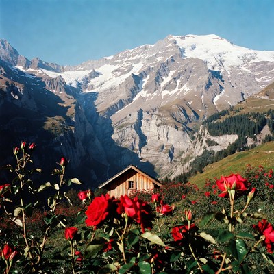 Mountains and flowers surround a wooden cabin