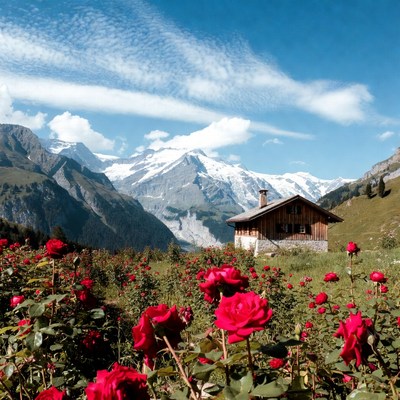 Mountain house surrounded by roses