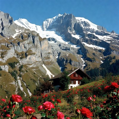 Mountains and house with roses