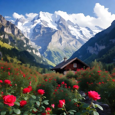 Scenic mountain view with roses in bloom