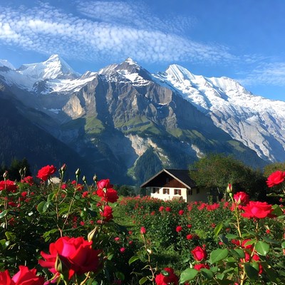 Mountains and roses in sunny valley