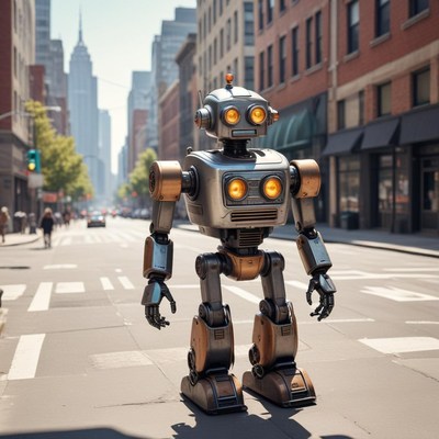 Robot walks in city street