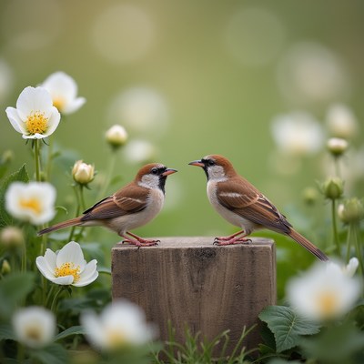 Birds and flowers in springtime habitat