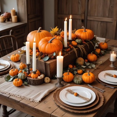 Fall harvest table setting in autumn