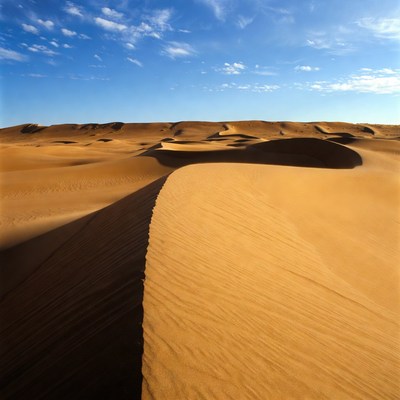 Sand dunes stretch under blue sky