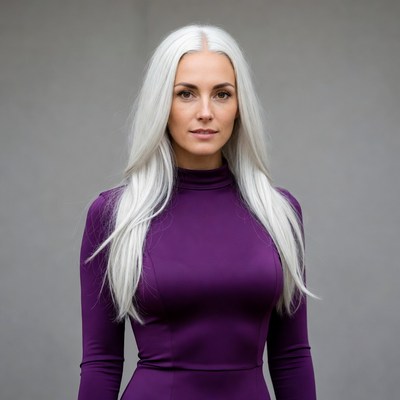 Woman with long hair in purple outfit