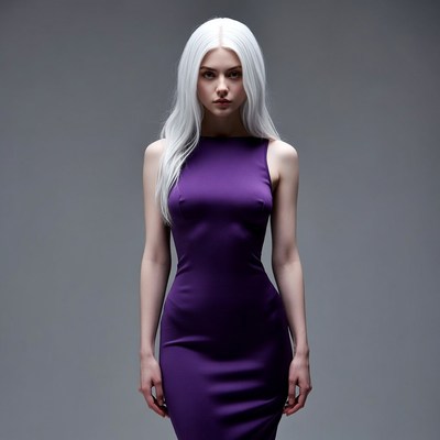 Model in purple dress poses indoors