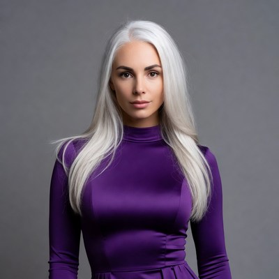 Woman in purple dress with silver hair