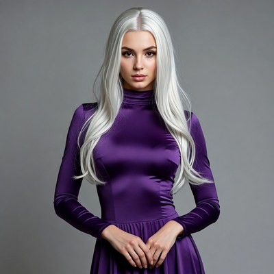 Model poses in purple dress with long hair