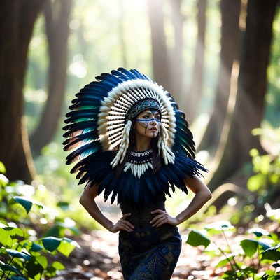 Woman in native dress in forest