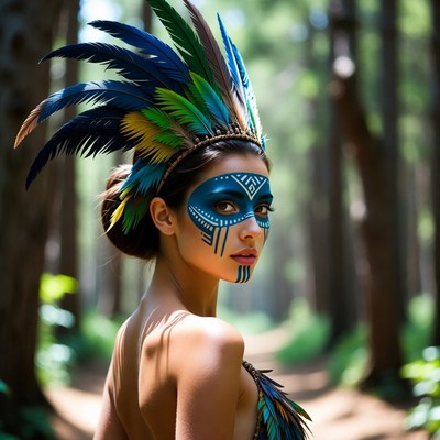 Woman in feathered headdress in forest