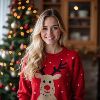 Smiling woman in sweater by christmas tree