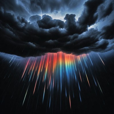 Dark clouds with colorful rain falling