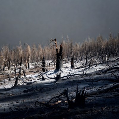 Burned forest landscape after wildfire