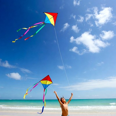 Child flying kites at the beach