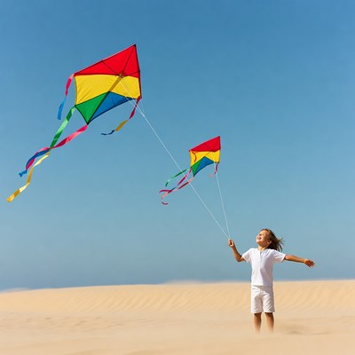Kids flying kites in the desert