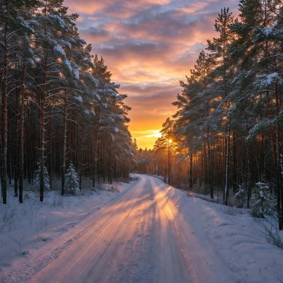 Winter sunset over snowy road