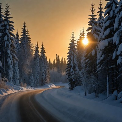 Snowy road at sunset in winter forest