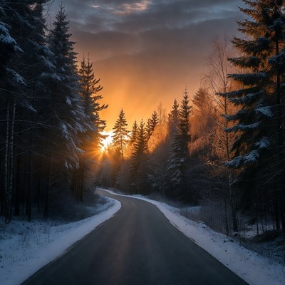 Winter road at sunset