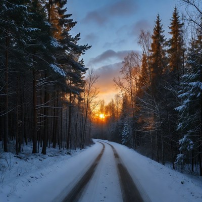 Snowy road in winter sunset