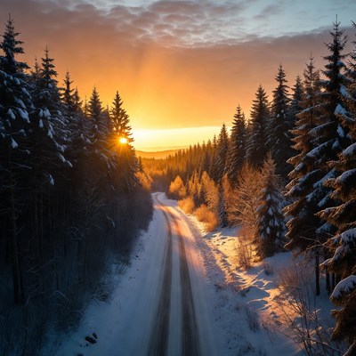 Sunrise over snowy forest road
