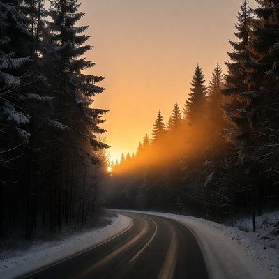 Sunrise on winding winter road
