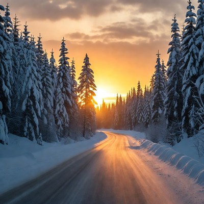 Sunset over snowy forest road