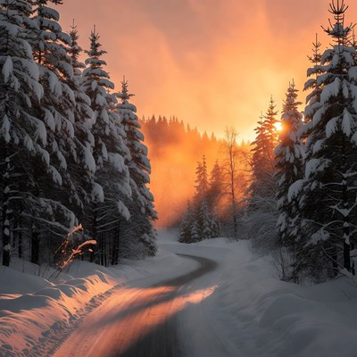 Sunset over snowy forest road