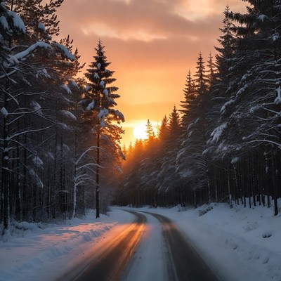 Winter road at sunset in forest
