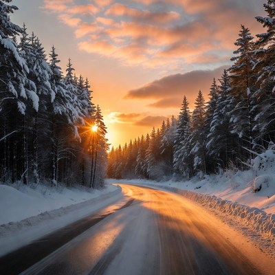 Sunset on snowy road in winter