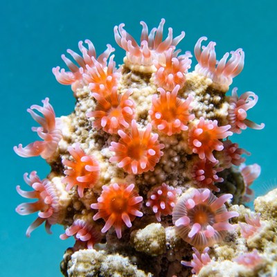 Coral with pink polyps under water
