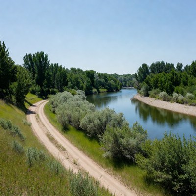 River curves through green landscape in summer