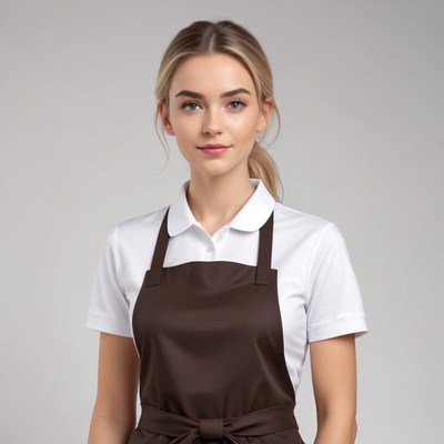 Worker in brown apron before plain background