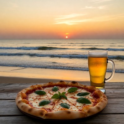 Enjoying pizza and beer by the ocean