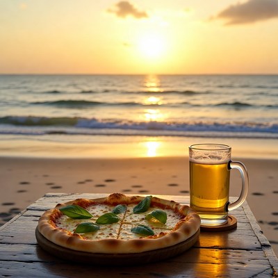 Pizza and beer by the beach at sunset