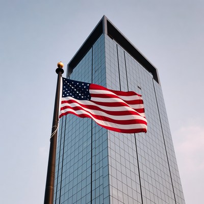 Flag waving near tall building
