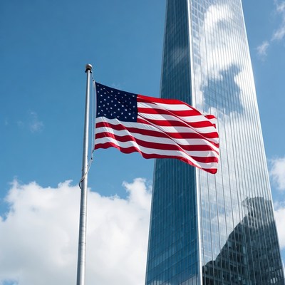 Us flag near tall building