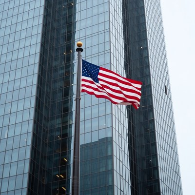 American flag near tall buildings