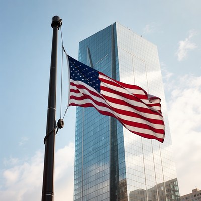 Flag waving in city near tall building