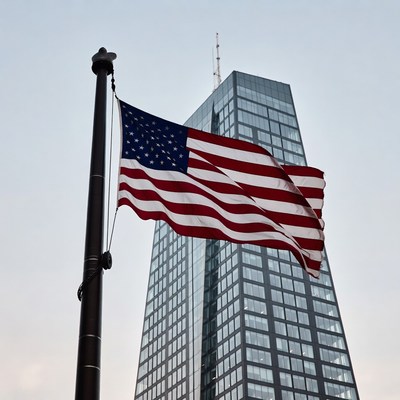 American flag waving near tall building